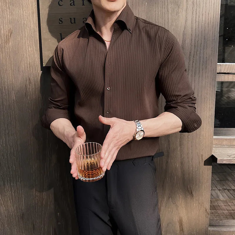 Men's dark stripes V-neck long sleeve casual shirt in cardigan style