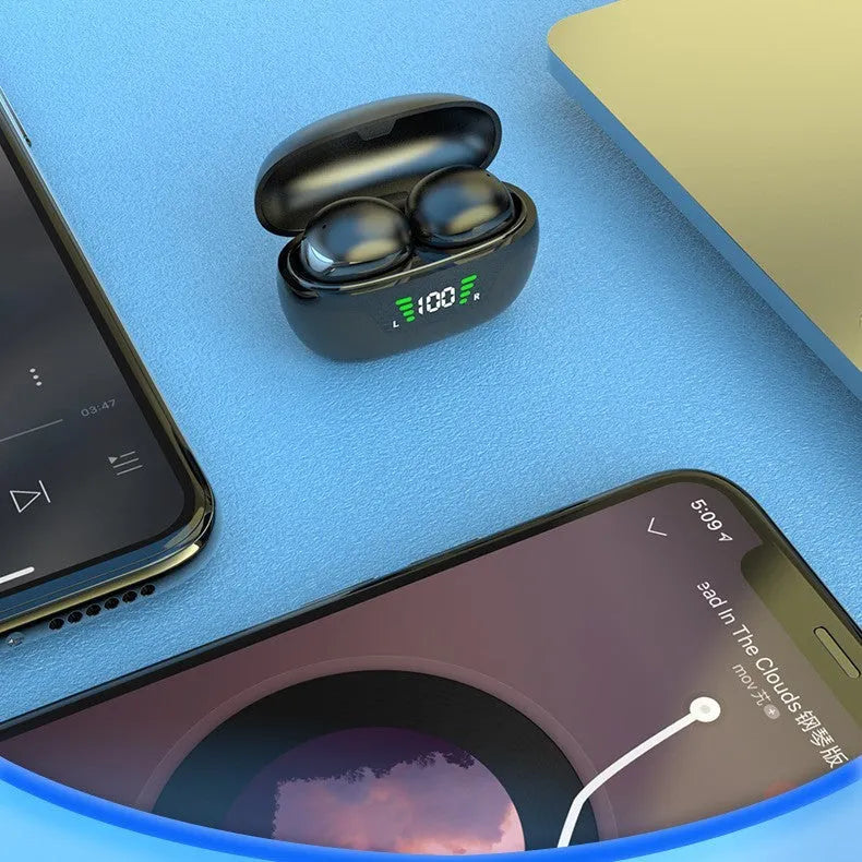 Super mini wireless Bluetooth-compatible in-ear headset in black with digital display screen and charging cable