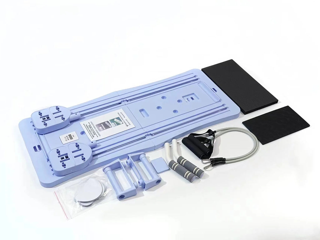 Foldable purple PP plastic flat support trainer belly panel for core exercises on a wooden floor.
