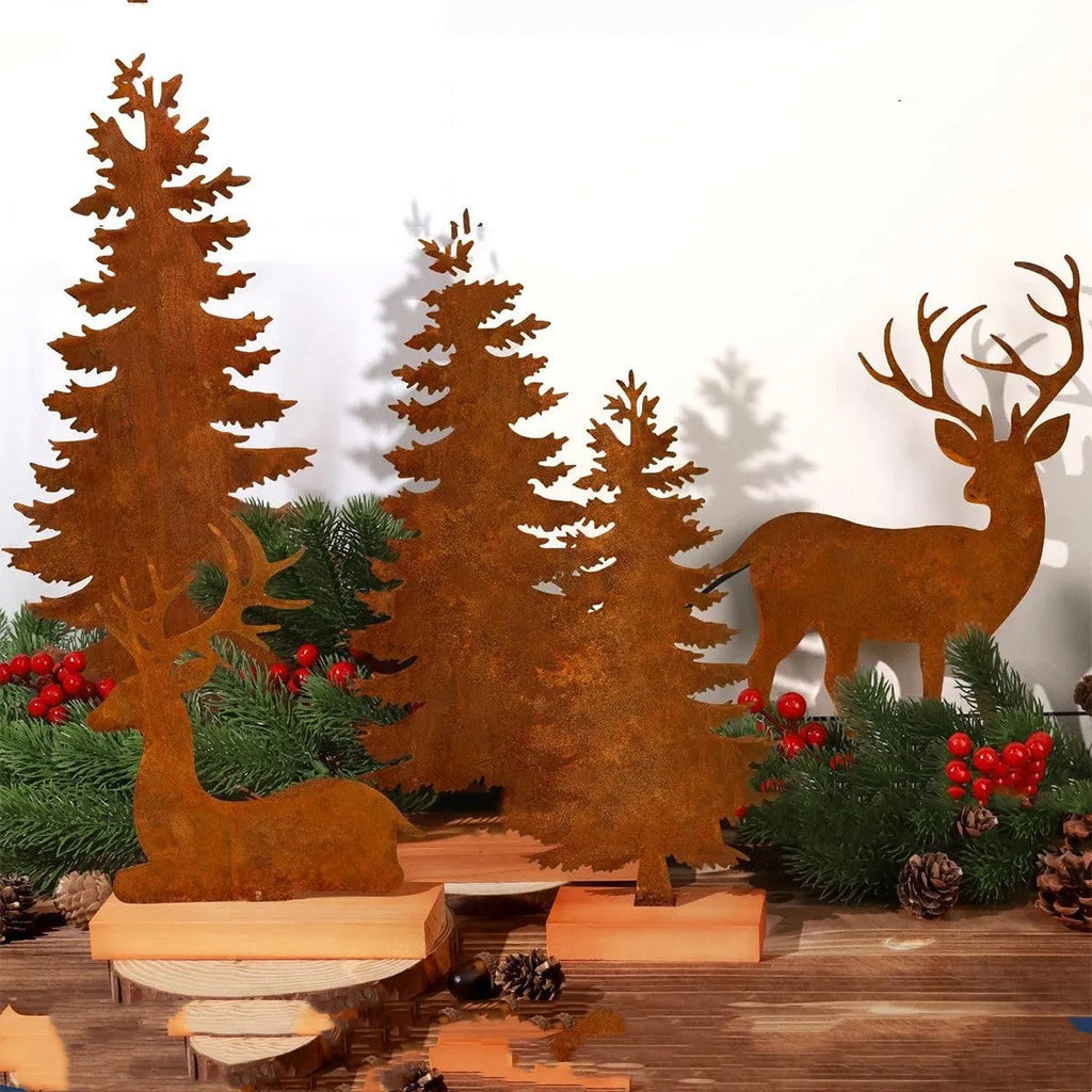 Set of three rustic metal Christmas decorations featuring elk and tree figures