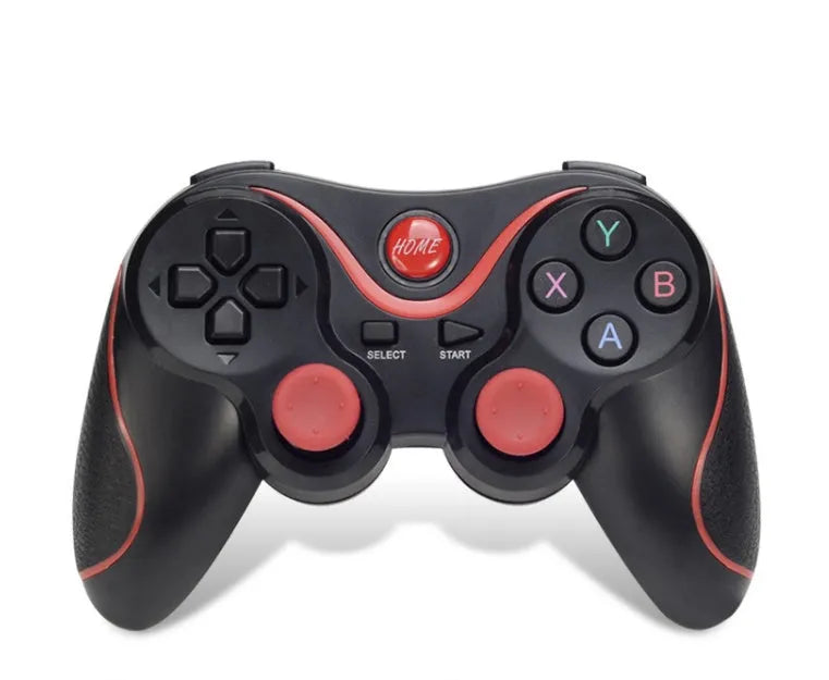 Upgraded X3 black and white Bluetooth wireless game controller for Android phones with cellphone clip attached.