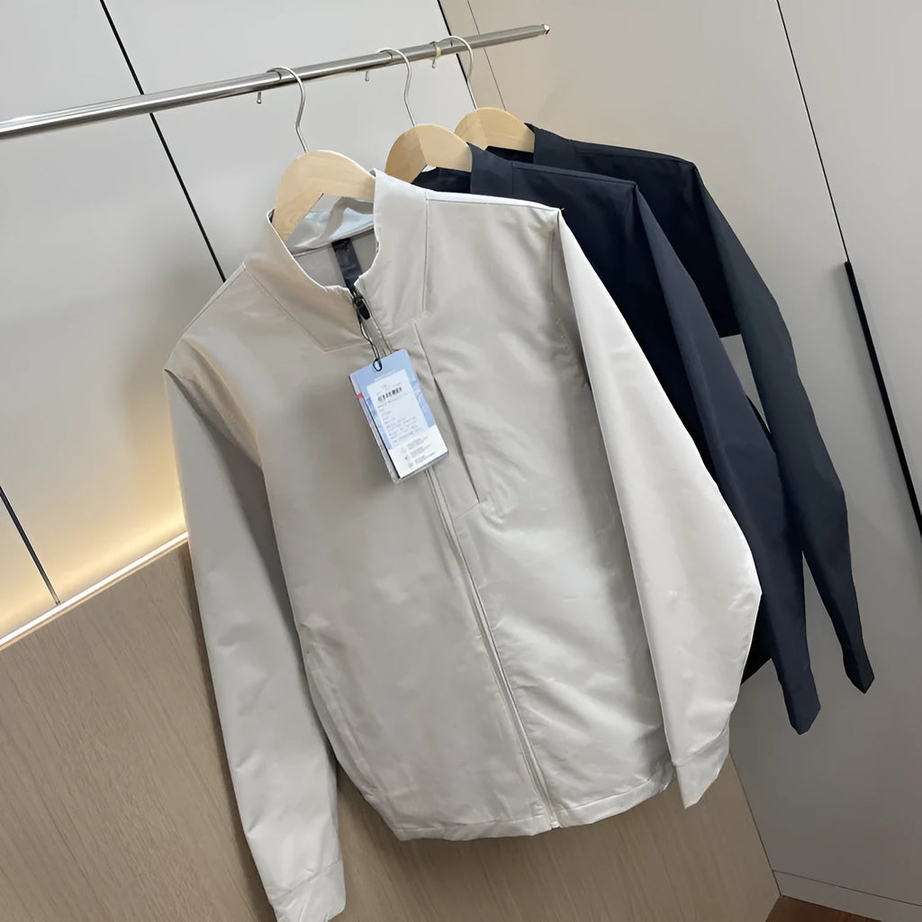 Men's stand collar sports casual jacket, long sleeve, straight hem, polyester, black dark blue or milky white
