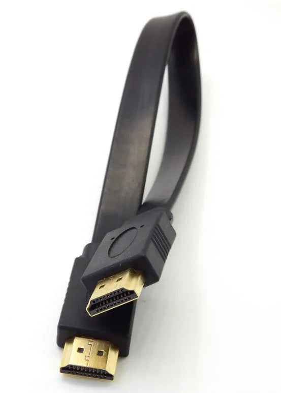 Flat HDMI cable with HDMI connectors showing length options from 0.3 to 10 metres
