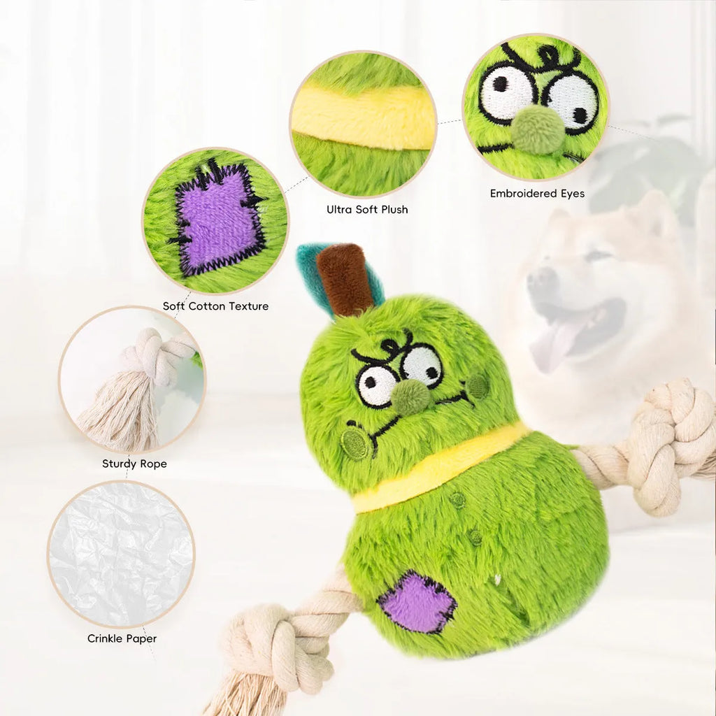 Green or purple plush rope knot dog toy with built-in molar tooth elements for tug-of-war and dental play