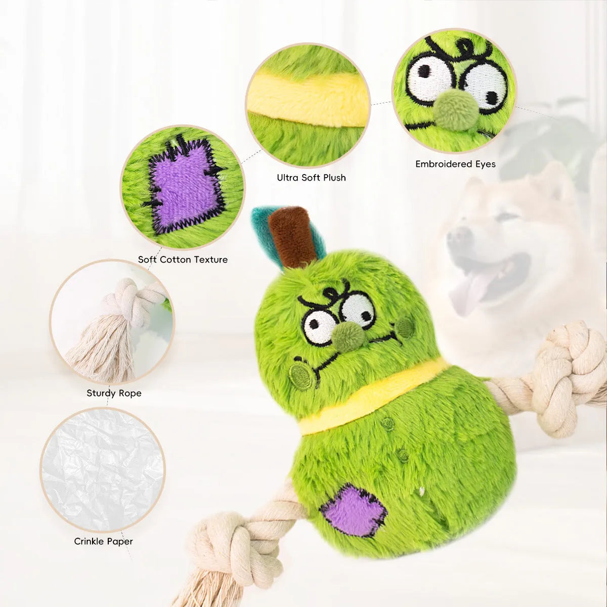 Green or purple plush rope knot dog toy with built-in molar tooth elements for tug-of-war and dental play