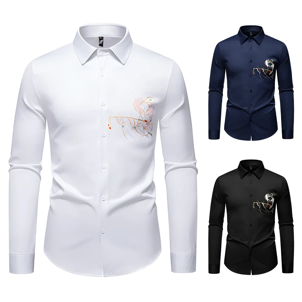 New Men's Long-sleeved Printed Casual Shirt in Polyester with Wool Lining and Slim Fit - Available in White, Black, Navy Blue - S to 2XL for Youth Adults Leisure Wear