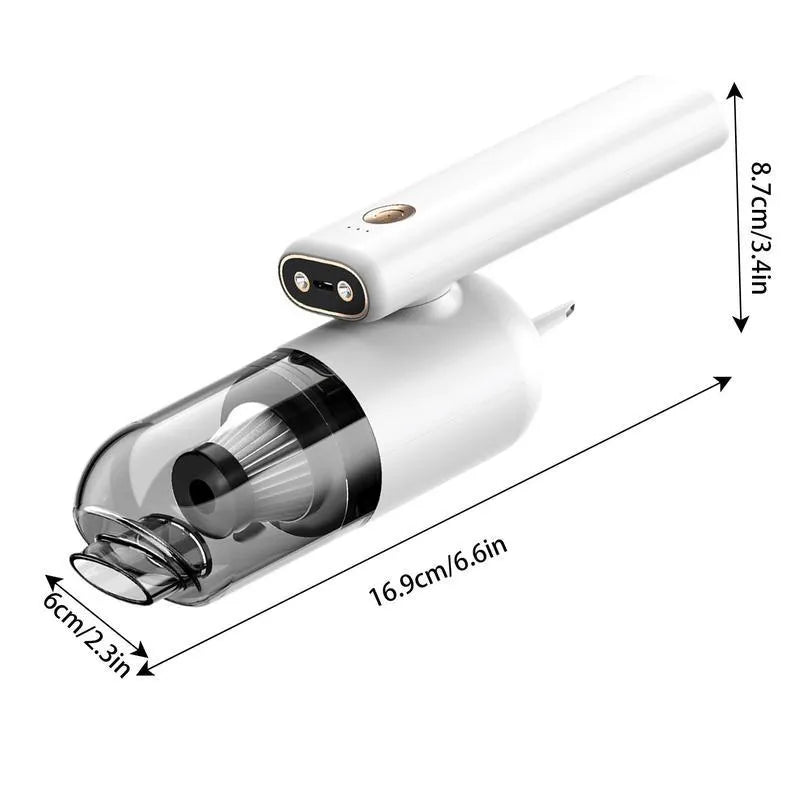 Black car charging vacuum cleaner with crevice nozzle and brush nozzle on a white background