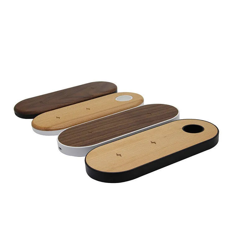 Bamboo wireless charging pad with beech wood trim on a desk