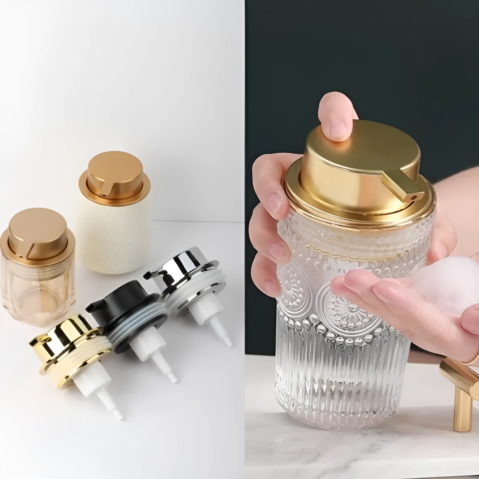 ABS plastic facial cleanser foam pump with large pump head in metallic finish