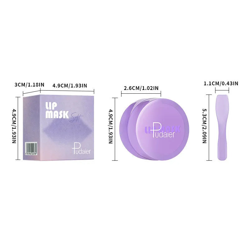 Box containing a lip exfoliating balm and a silicone scraper tool for lip care treatment