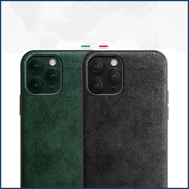 Suede full-cover iPhone case in elegant black, dark night green, or dark blue colour