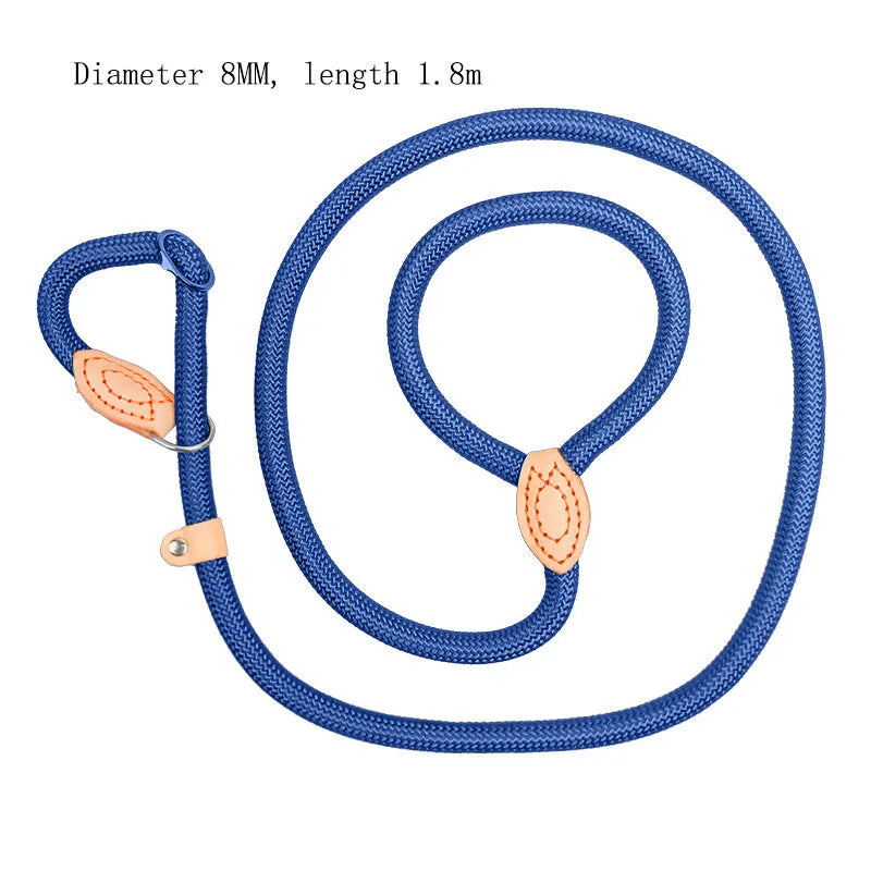 Blast race training dog collar leash set with automatically tightening mechanism and rope construction