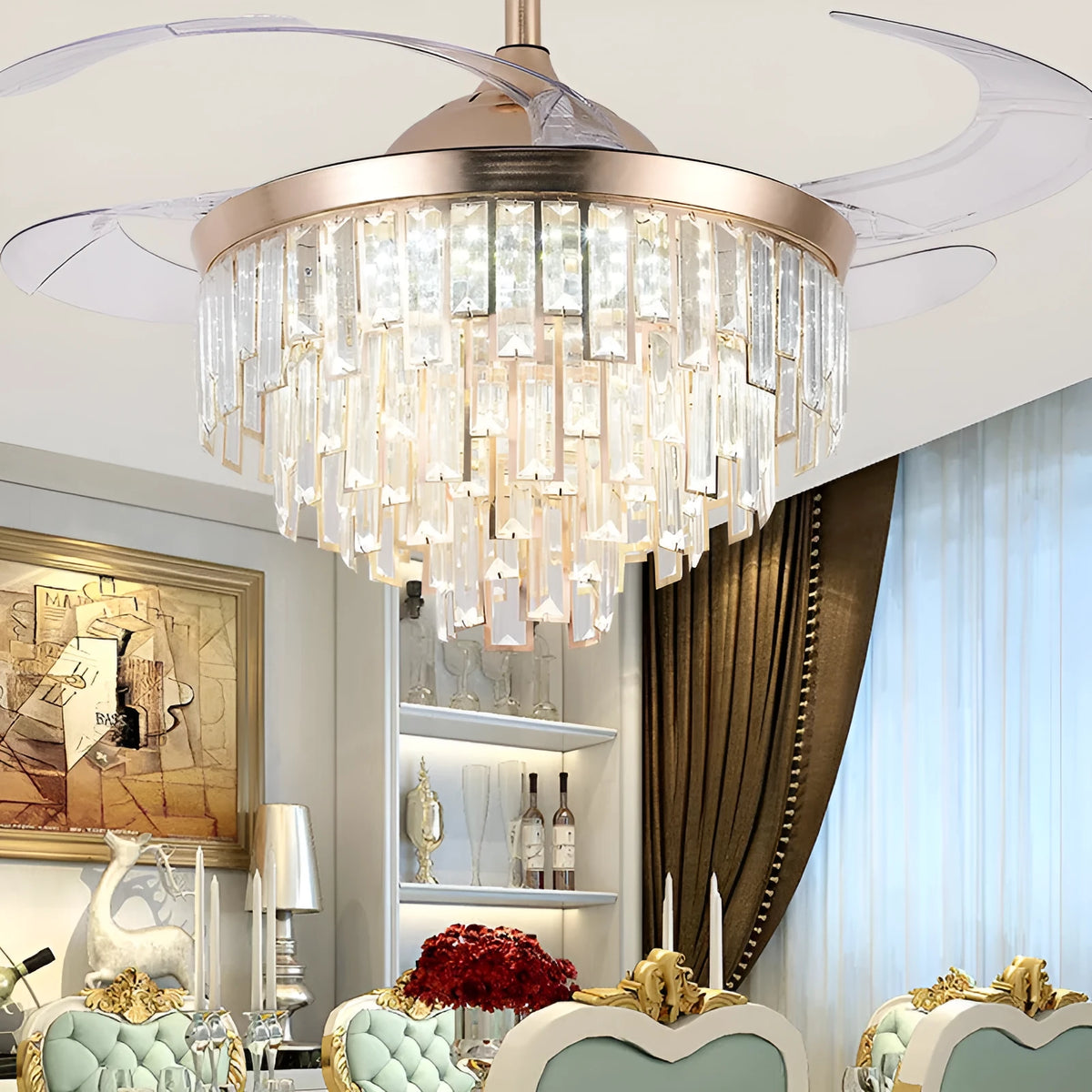Invisible ceiling fan lamp with crystal shade and ABS blades in living room setting