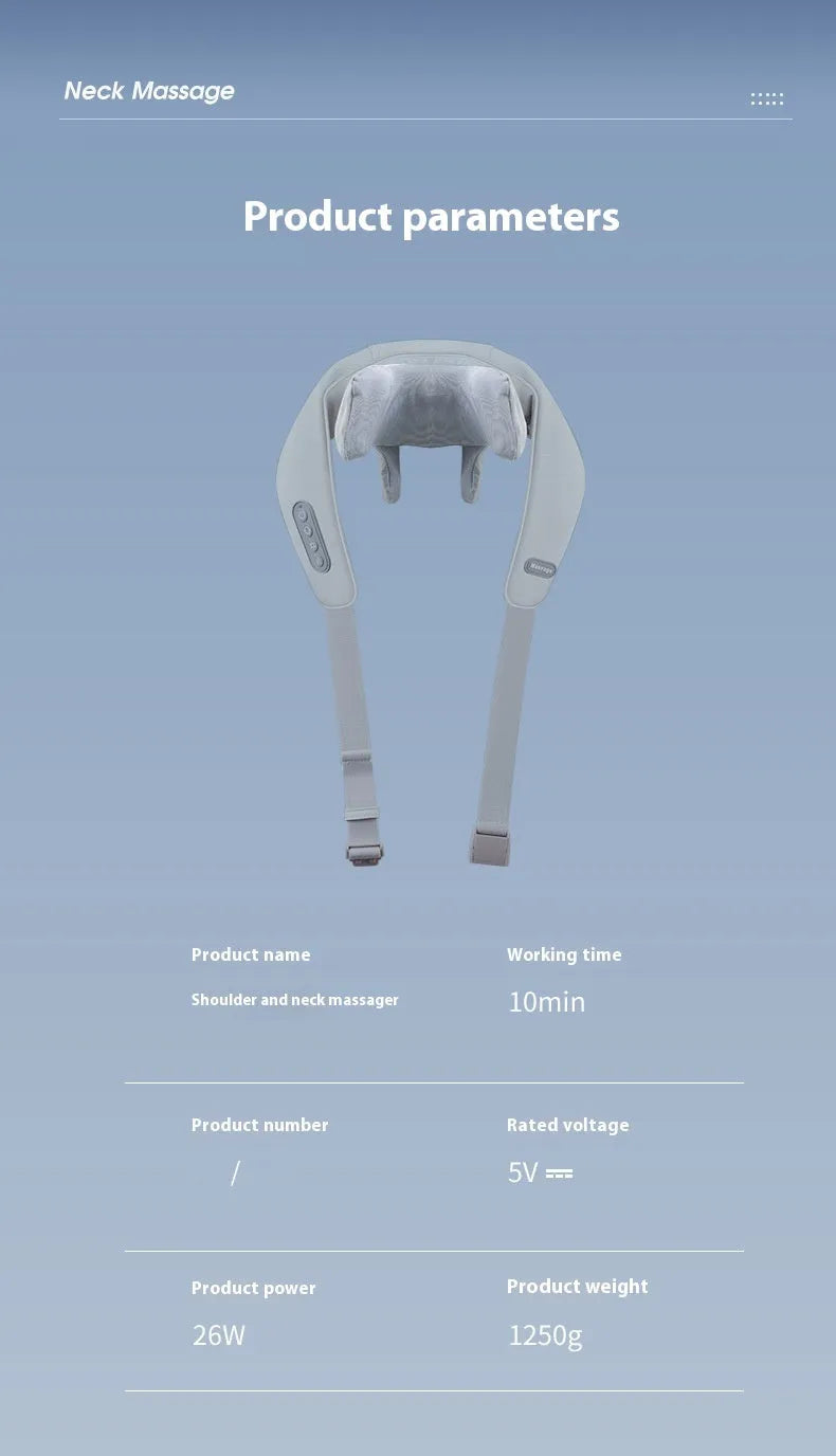 Gray USB-rechargeable neck and back massager with elastic fabric, shown with charging cable.
