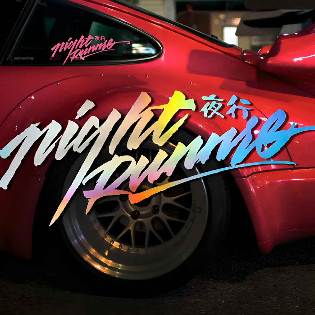 Nightwalker Car Decal sticker for rear windshield with text and number patterns in black, colourful, or pink colours