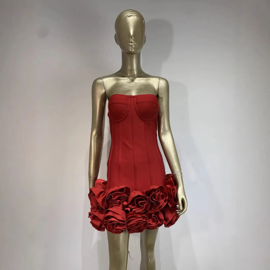 Women's solid colour urban style dress in red, on a model, showing mid-waist fit.