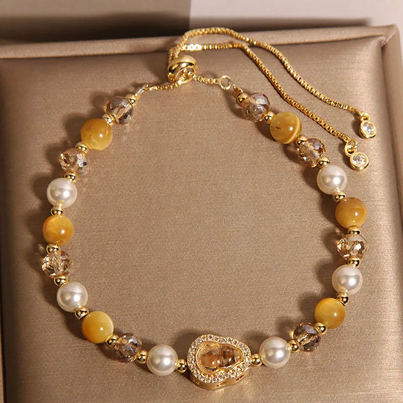 Yellow tiger's eye gourd pendant bracelet for women with glass and alloy inlay, Japanese Korean style, 1 PC.
