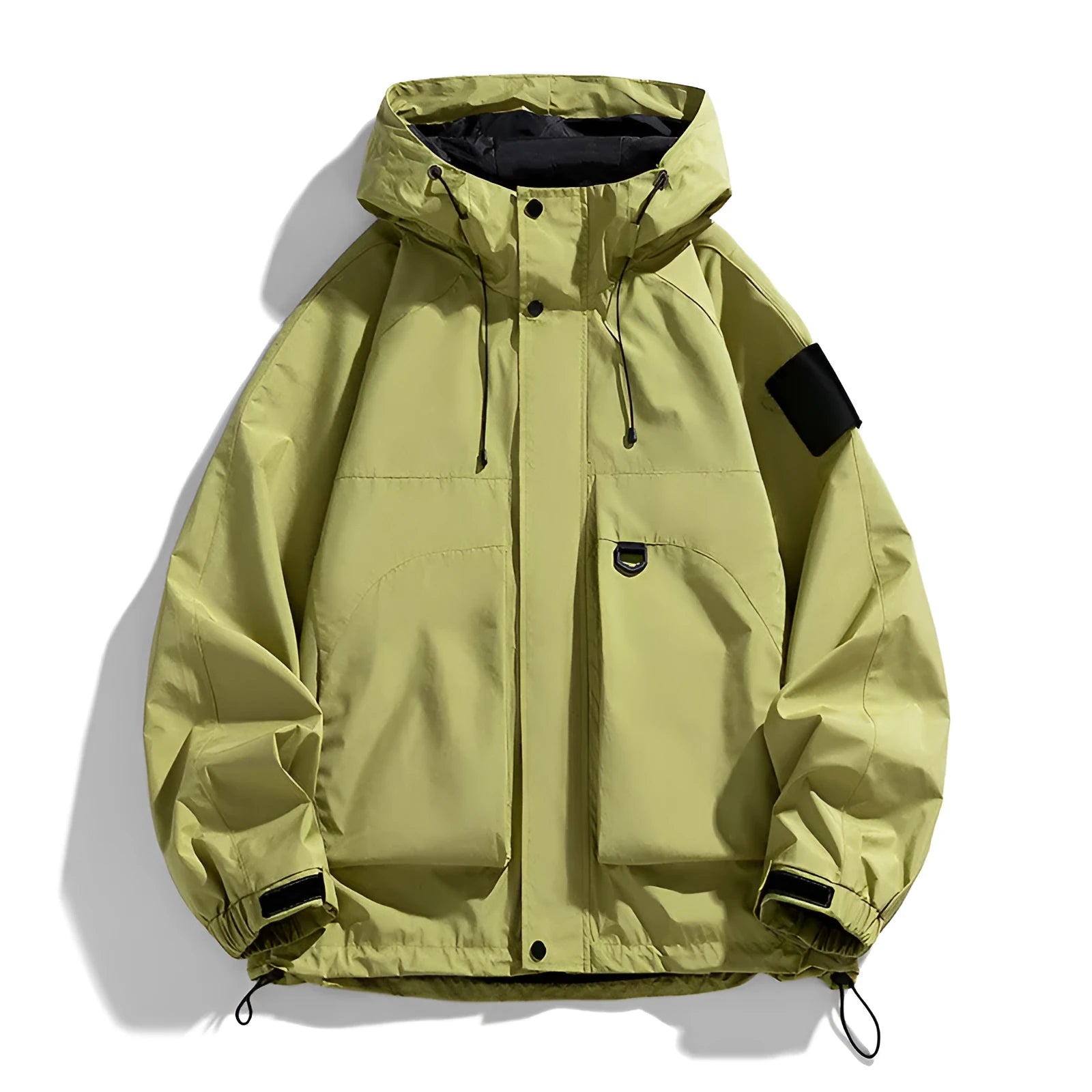 Men's black waterproof windproof hooded jacket made from polyester blend fabric.