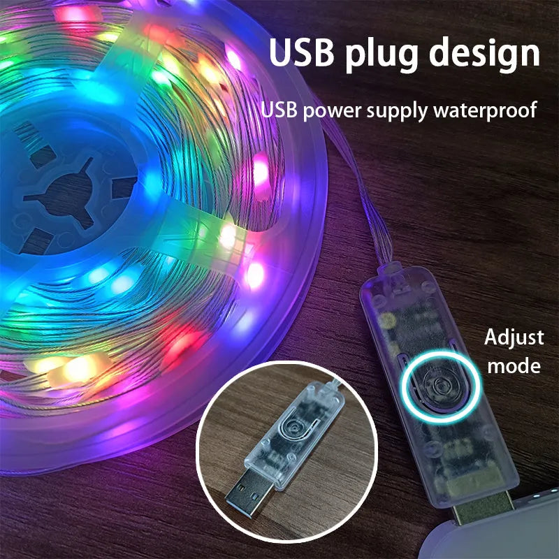 10 metre long LED light string with 100 multi-colour bulbs draped in decorative pattern
