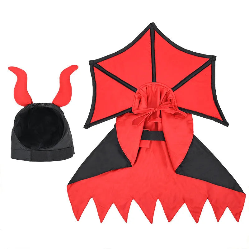 Black polyester vampire cloak and hat Halloween costume for a pet dog or cat.