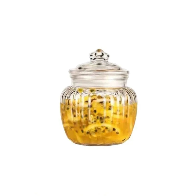 Clear thickened glass sealed can with vertical pattern and black lid