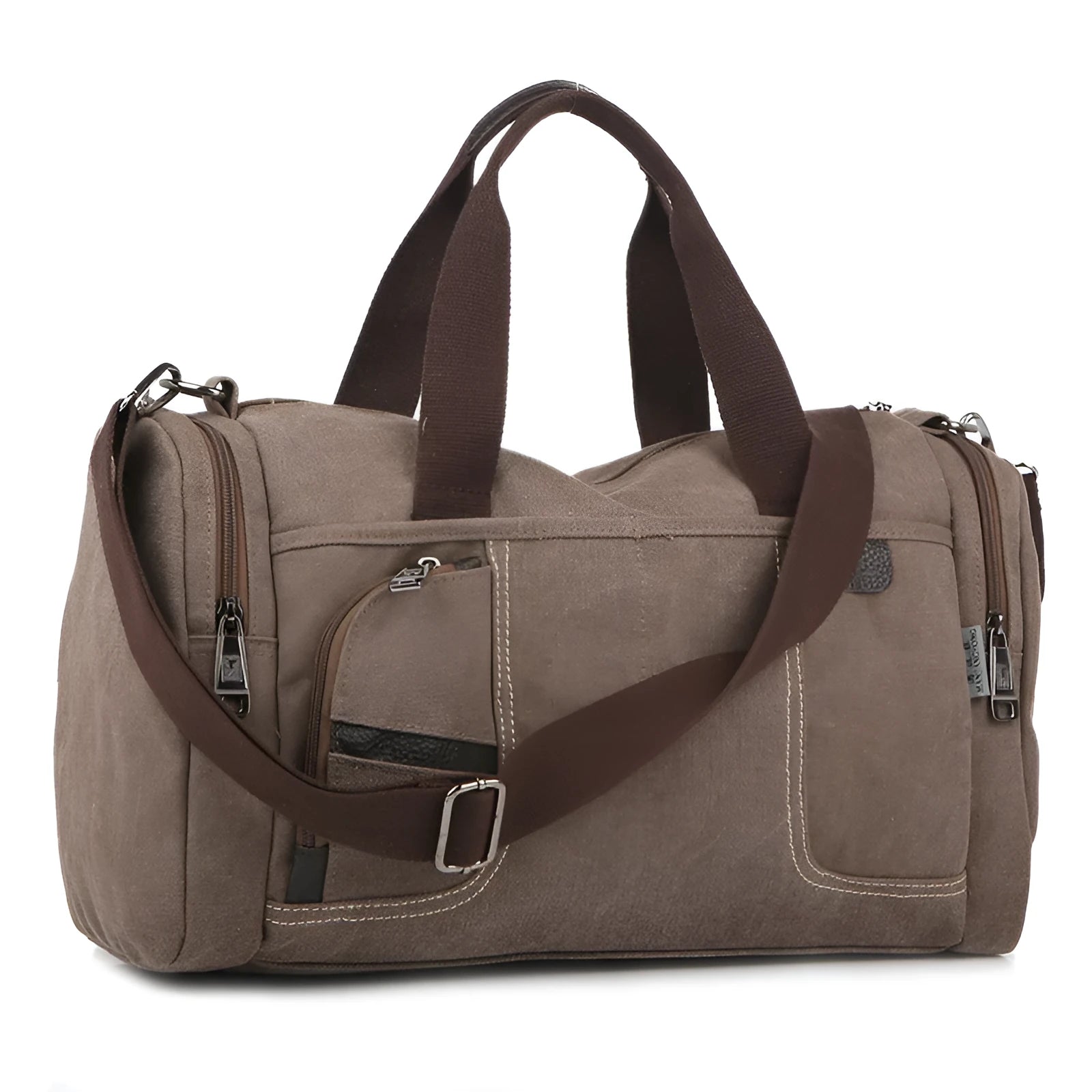 Canvas men shoulder bag, horizontal square shape, zipper closure, khaki colour, with single strap