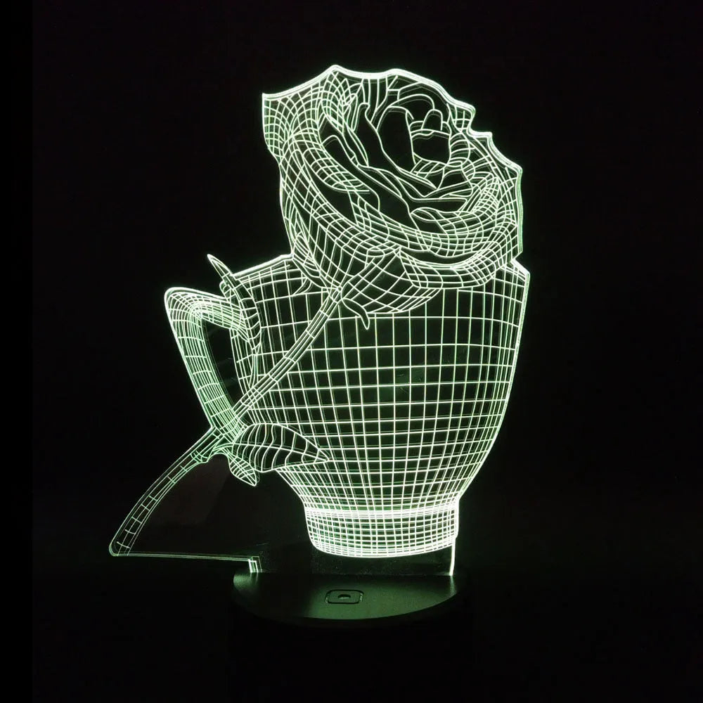 3D rose design LED night light with acrylic panel and ABS base showing multiple colour options.