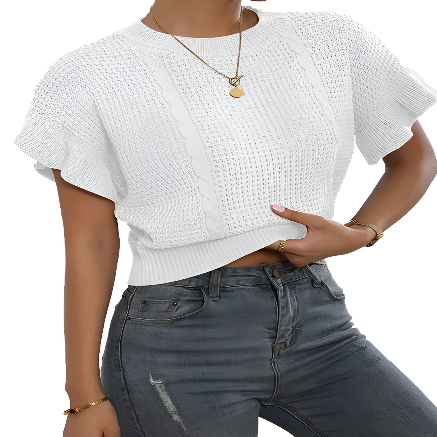 Twisted string knitted pullover sweater with ruffle sleeves in loose Japanese Korean casual style