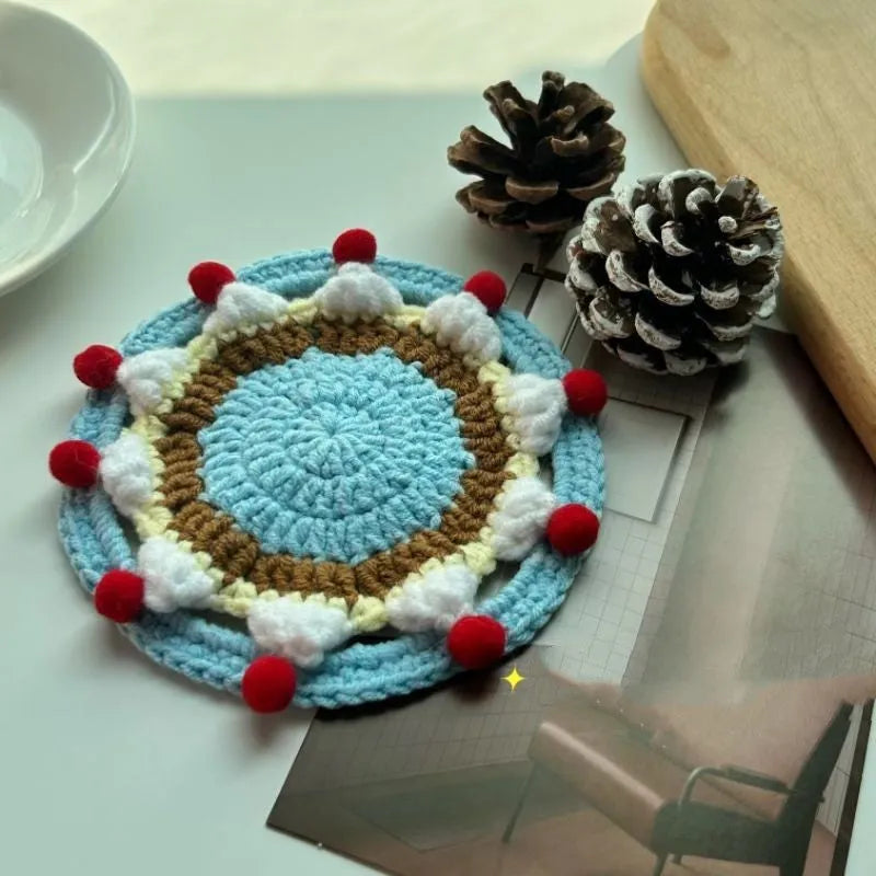 Round wool coaster set with decorative storage bag, each coaster measures 9cm diameter
