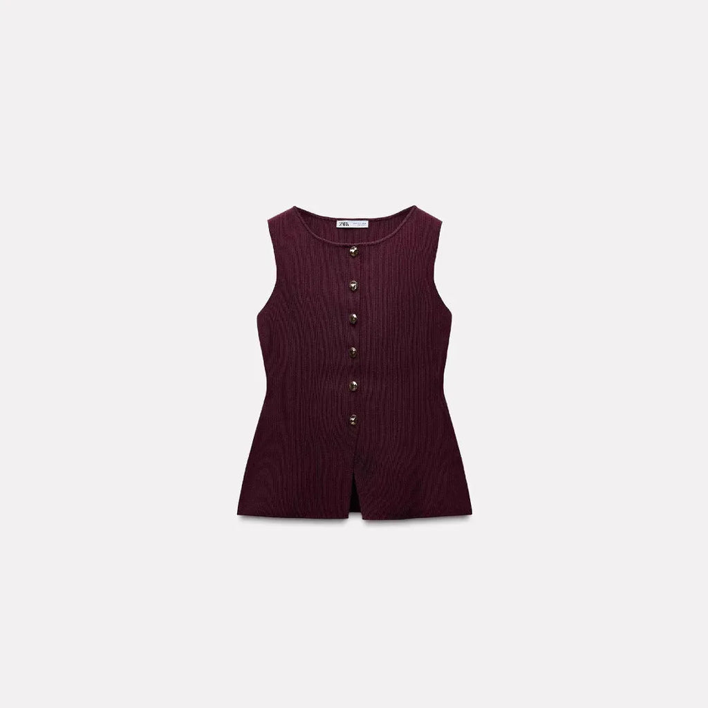 Dark red slim-fit sleeveless vest with gold buttons and a raised 3D pattern on a hanger.
