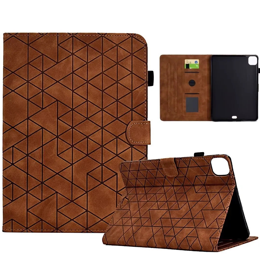 Leather iPad case with card holder showing diamond pattern in black colour