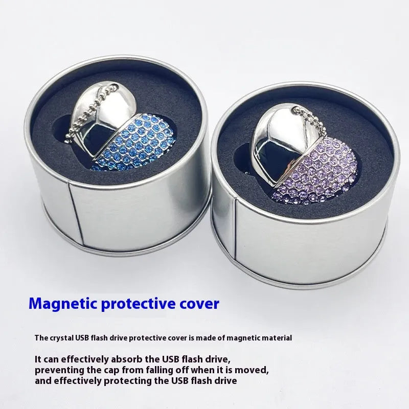 Brick-inlaid heart-shaped metal USB flash drive in multiple colours on a white background.