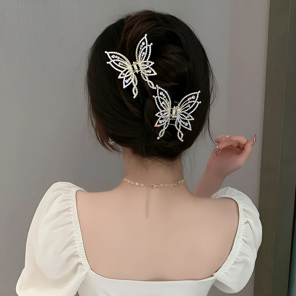 Butterfly hair clips barrettes for women with alloy construction in rhinestone and pearl styles