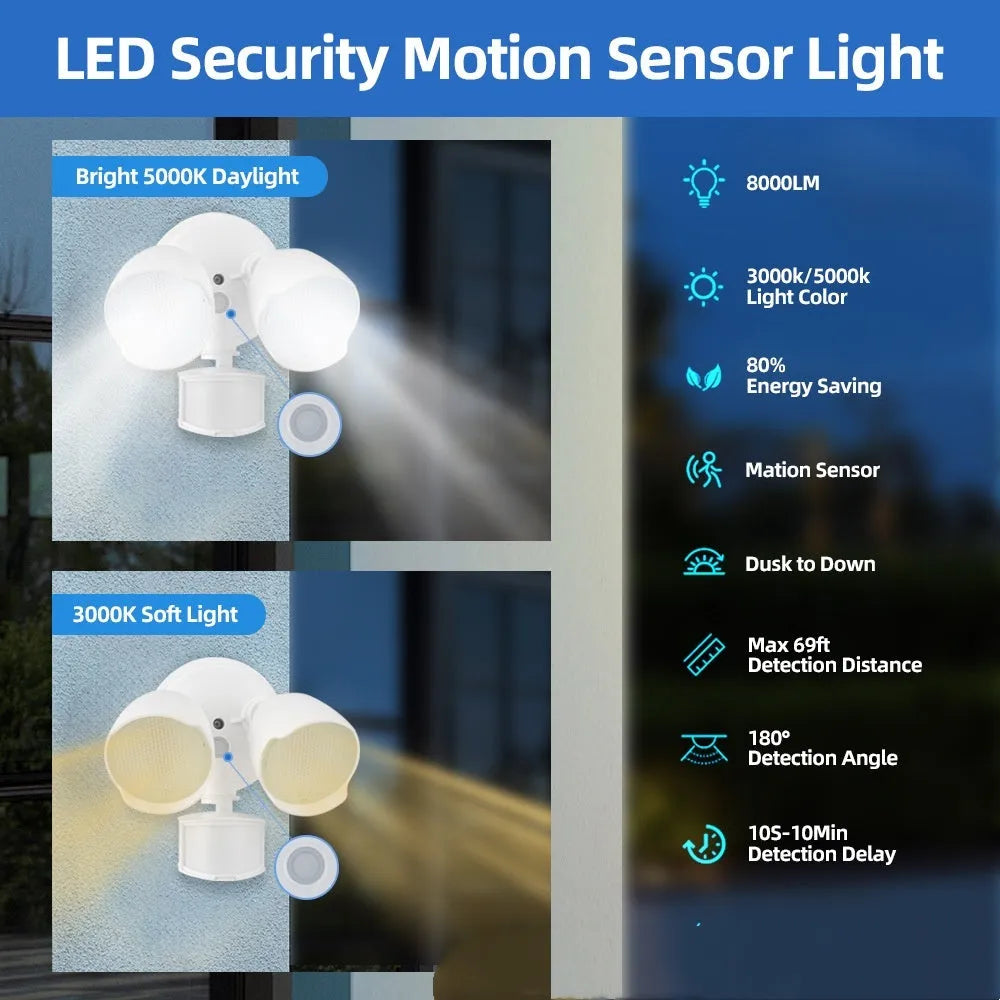 White rectangular 120V LED security flood light with motion sensor, shown mounted on an exterior wall.