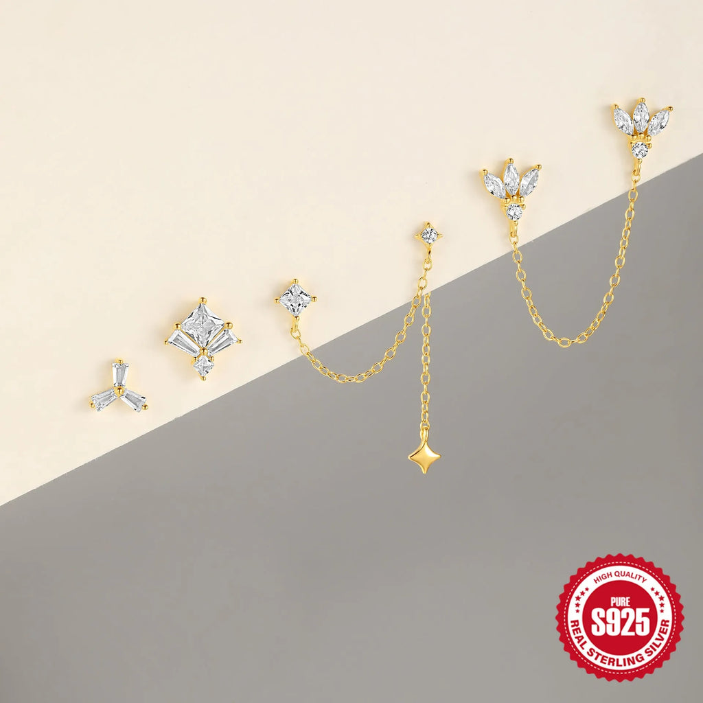 S925 sterling silver geometric earrings with zircon stones in golden colour variations