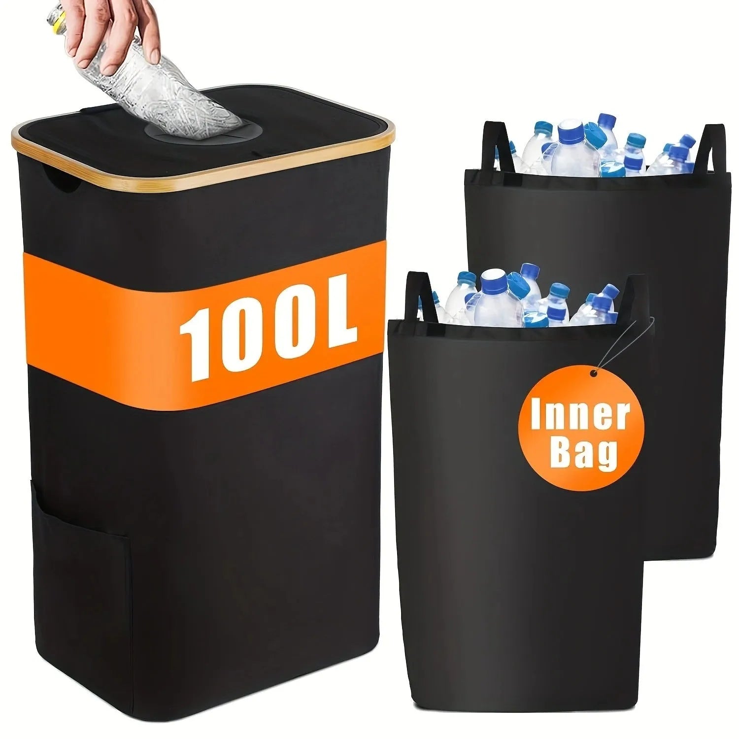Black bamboo patterned laundry basket with removable lid showing recycling bottle storage slots and inner pockets