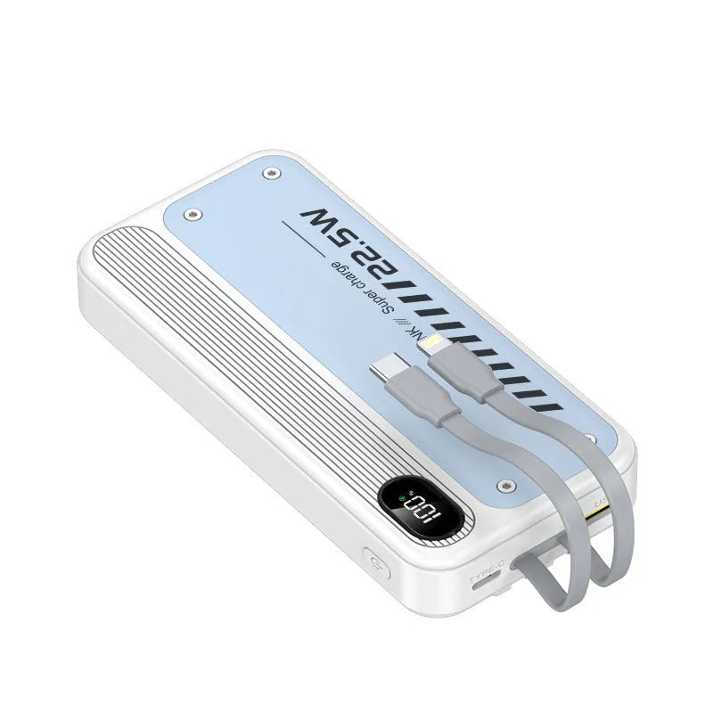 225W fast charge portable power bank with cable, 20000mAh, black plastic shell, multi-USB output