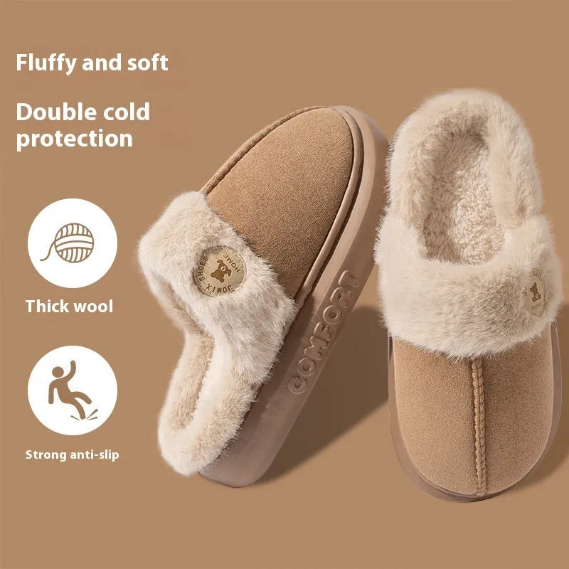 Pair of thick-soled plush fleece slippers for men and women with a textured upper and PVC sole.
