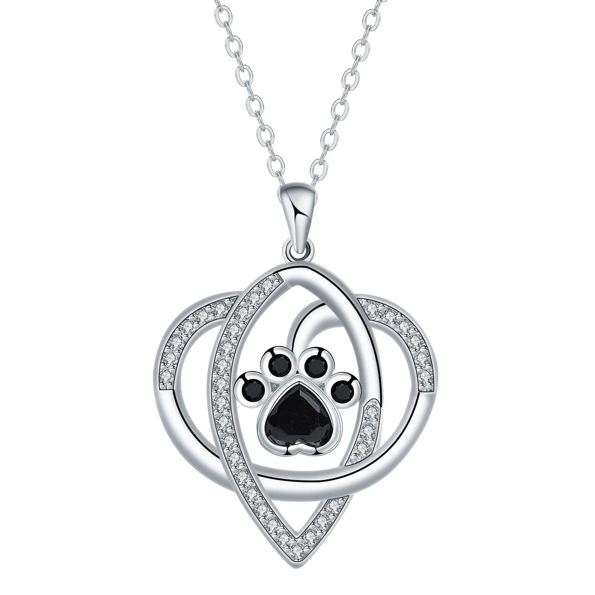 Close-up of dog and cat paw print pendant necklace with cross chain
