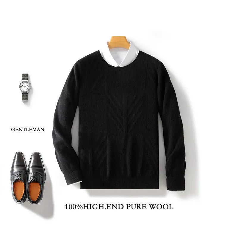 Men's round neck sweater pullover solid colour jacquard loose fit long sleeve mercerized craft