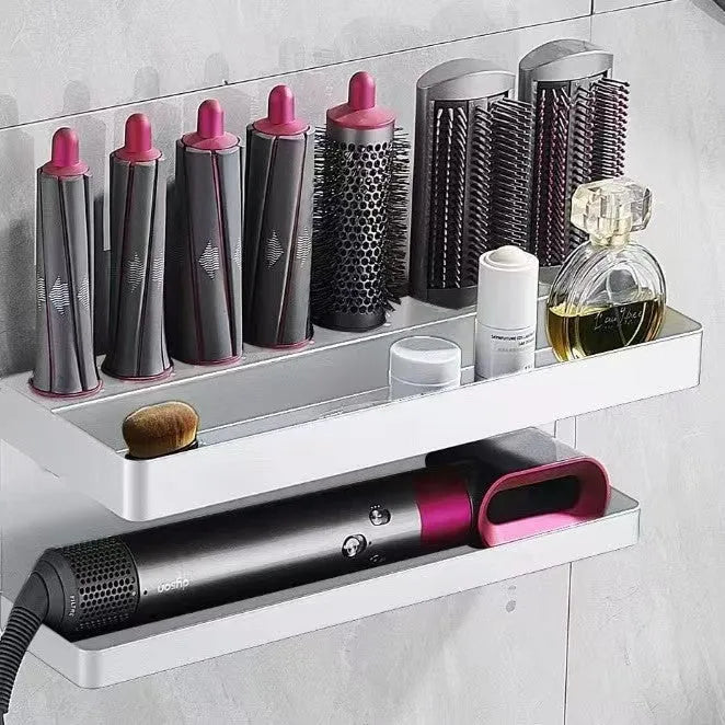 White double-layer aluminium punch-free bathroom storage rack holding a curling iron and hairdryer.