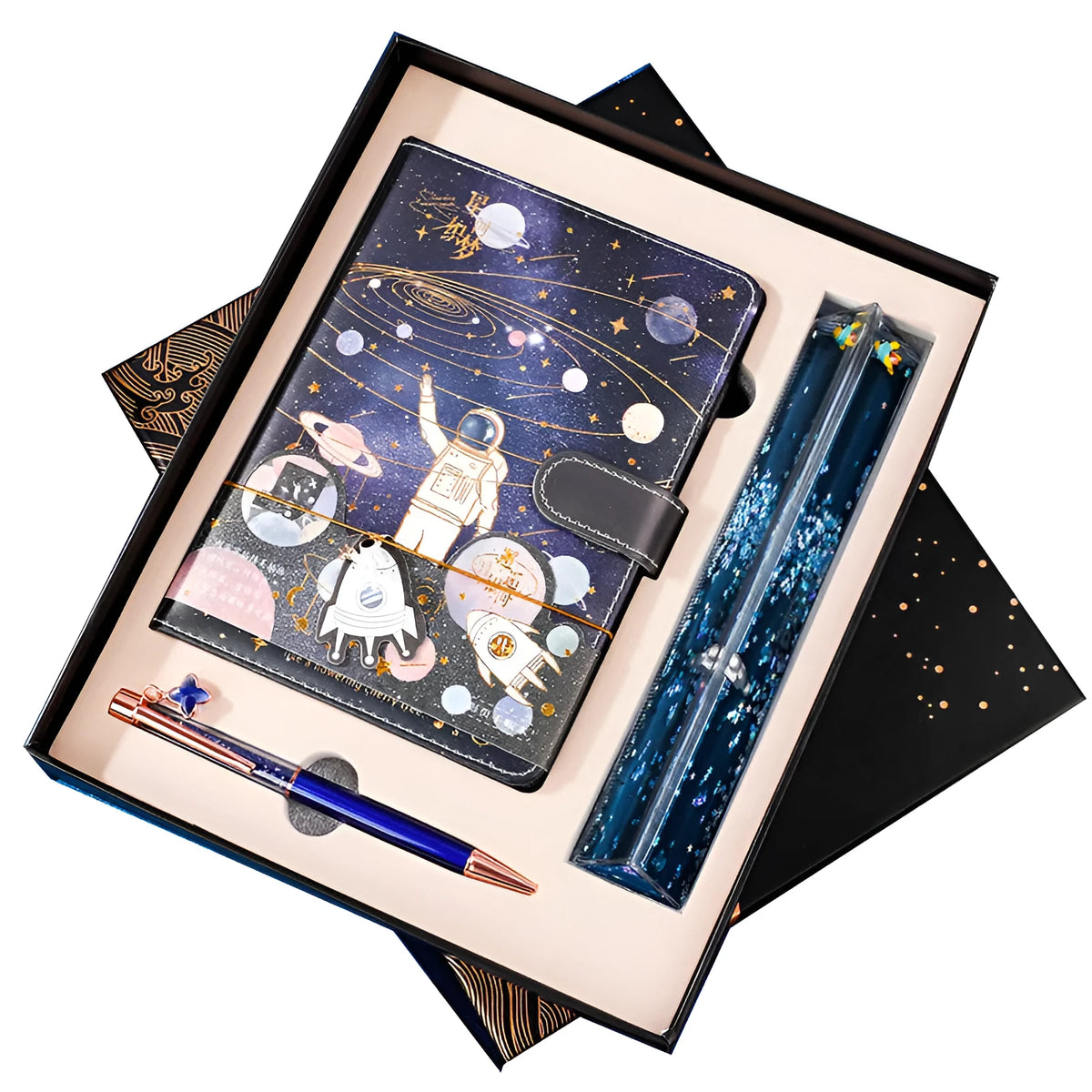 Galaxy dream notebook with cartoon astronaut cover, wireless binding, and gift box set