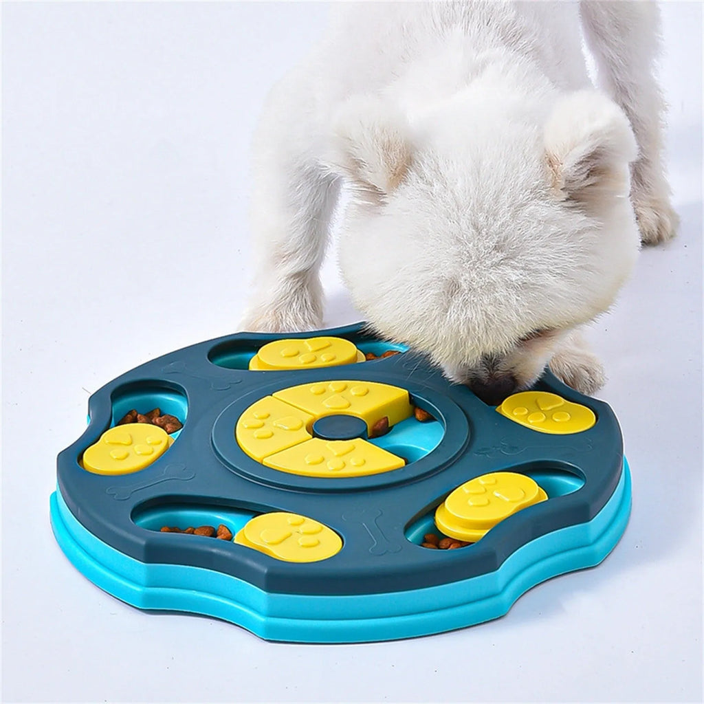 Blue plastic dog puzzle feeder bowl with interactive games for aggressive chewers