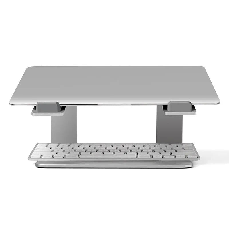 Adjustable aluminium laptop stand in black colour on desk surface