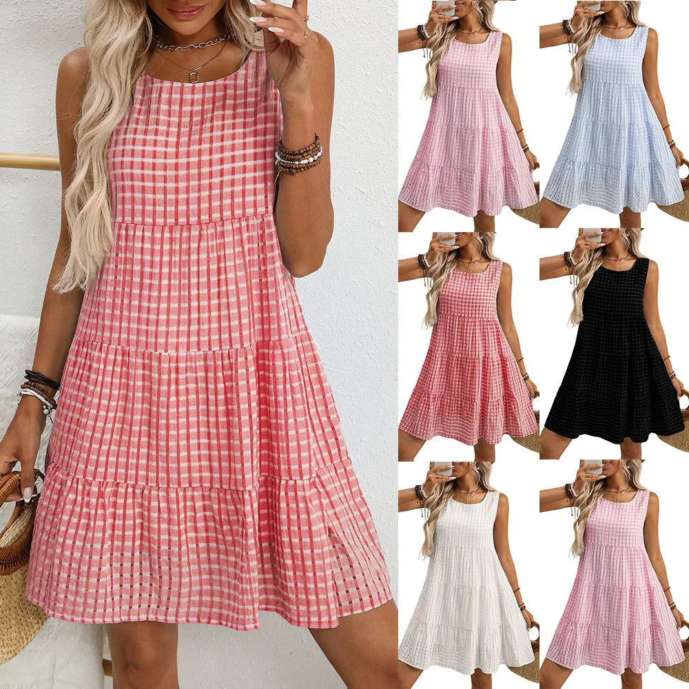 Women's loose-fit sleeveless plaid dress with high waist and swing skirt in light blue.