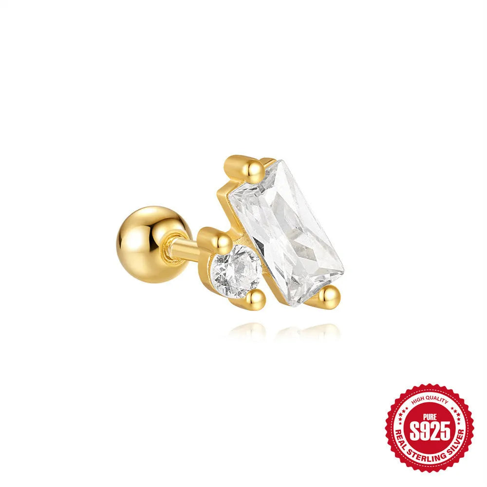S925 sterling silver flower stud earrings with square gravel texture and golden electroplated finish