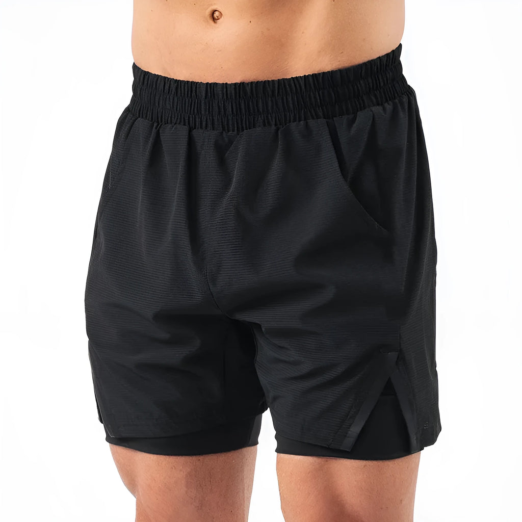 Men's plaid quick-drying sports shorts in polyester fabric shown in multiple colours.