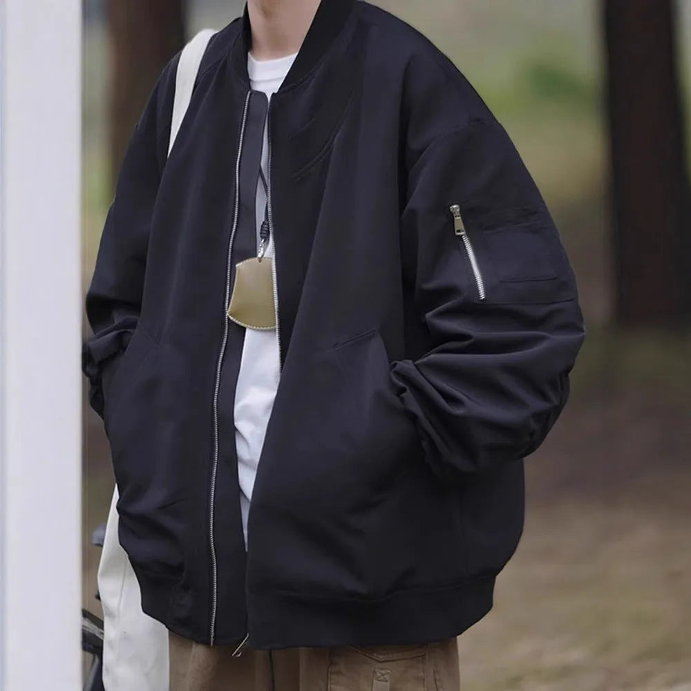 Men's loose pilot jacket in gray, cotton blend polyester, long sleeve, Korean style, spring autumn coat