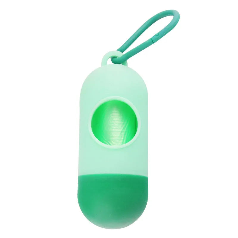 Small rectangular dog poop bag holder with a Velcro strap and metal hook, shown in a choice of colours.