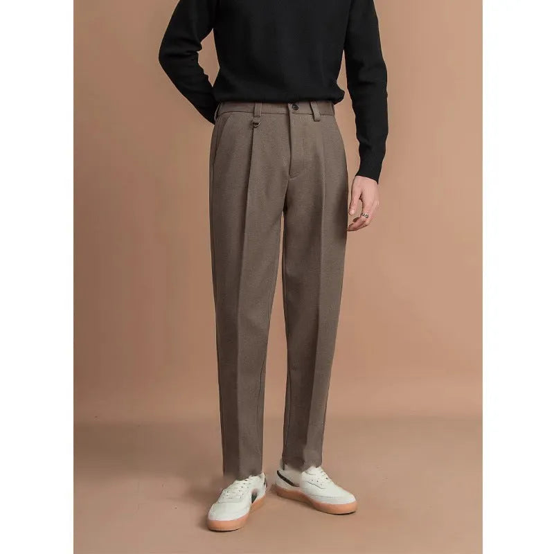 Men's straight-leg draped trousers in four colours: black, dark grey, khaki and brown